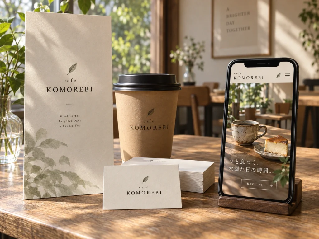 カフェ KOMOREBIのメニュー、ショップカード、カップ、Webのブランド提案モックアップ