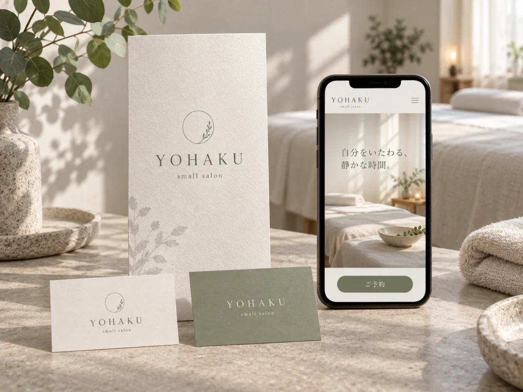 サロン YOHAKUの案内冊子、ショップカード、Webのブランド提案モックアップ