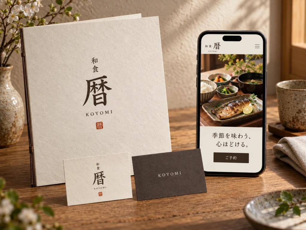 和食 暦のメニュー、ショップカード、Webのブランド提案モックアップ
